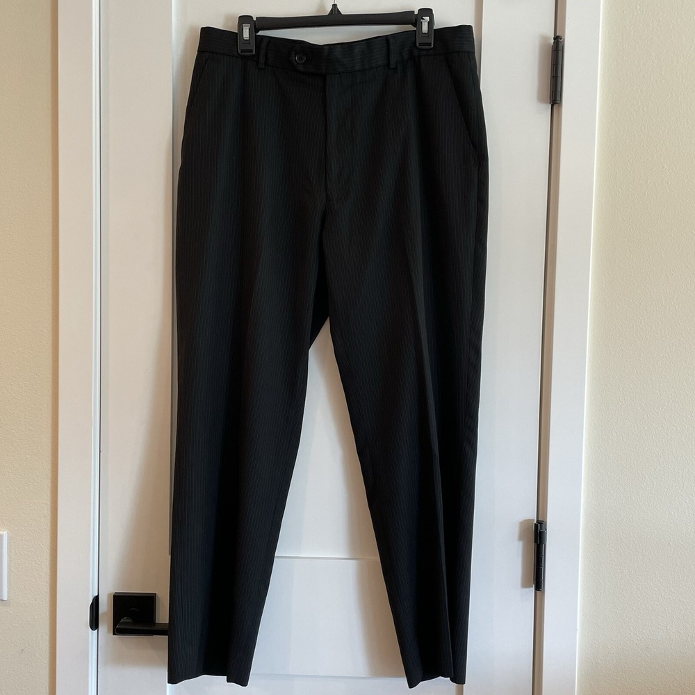 Mens Trousers 36 Waist 28 Leg Dress Suit Black Pin Stripe Pants Slacks‎ F&F